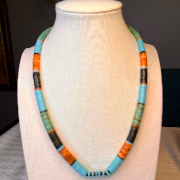 Native American Vintage Handmade Graduated Genuine Stones Heishi Bead Necklace